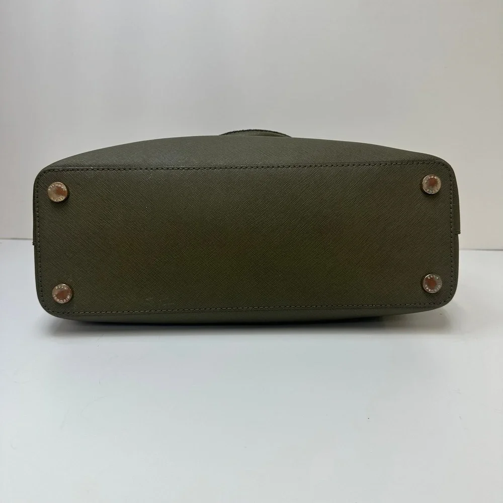Michael Kors Signature Logo Satchel Brown Olive Green Two Tone Handbag Gold HW
